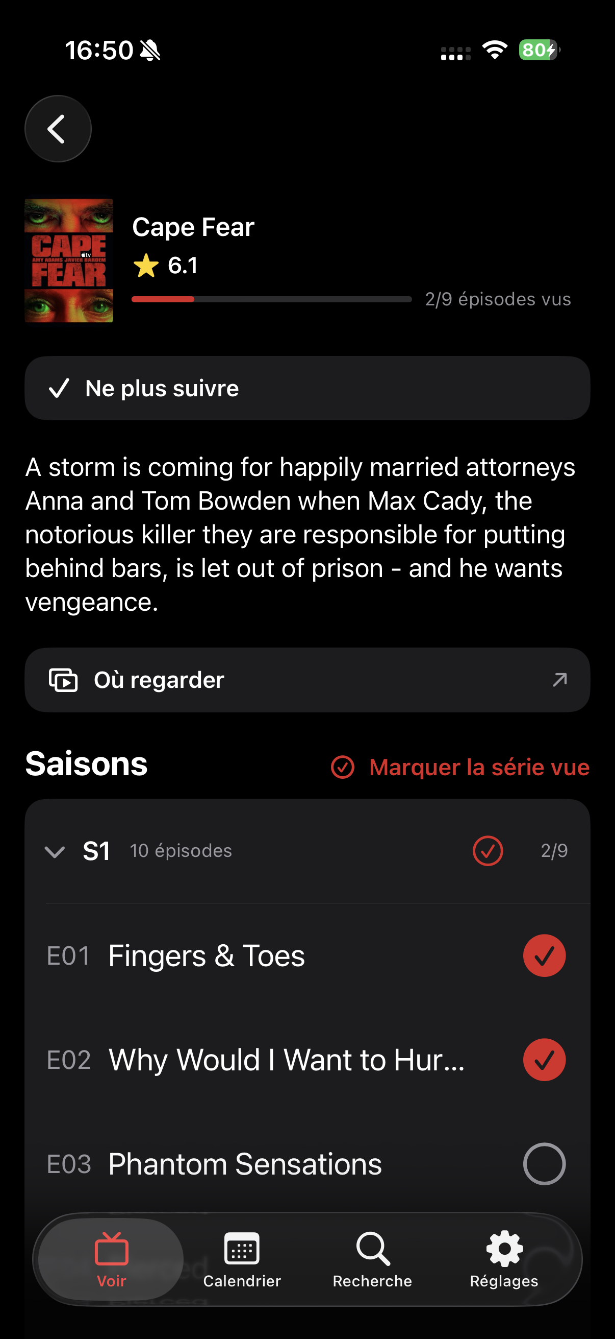 Détail d’une série et progression épisode par épisode dans Next Up On TV